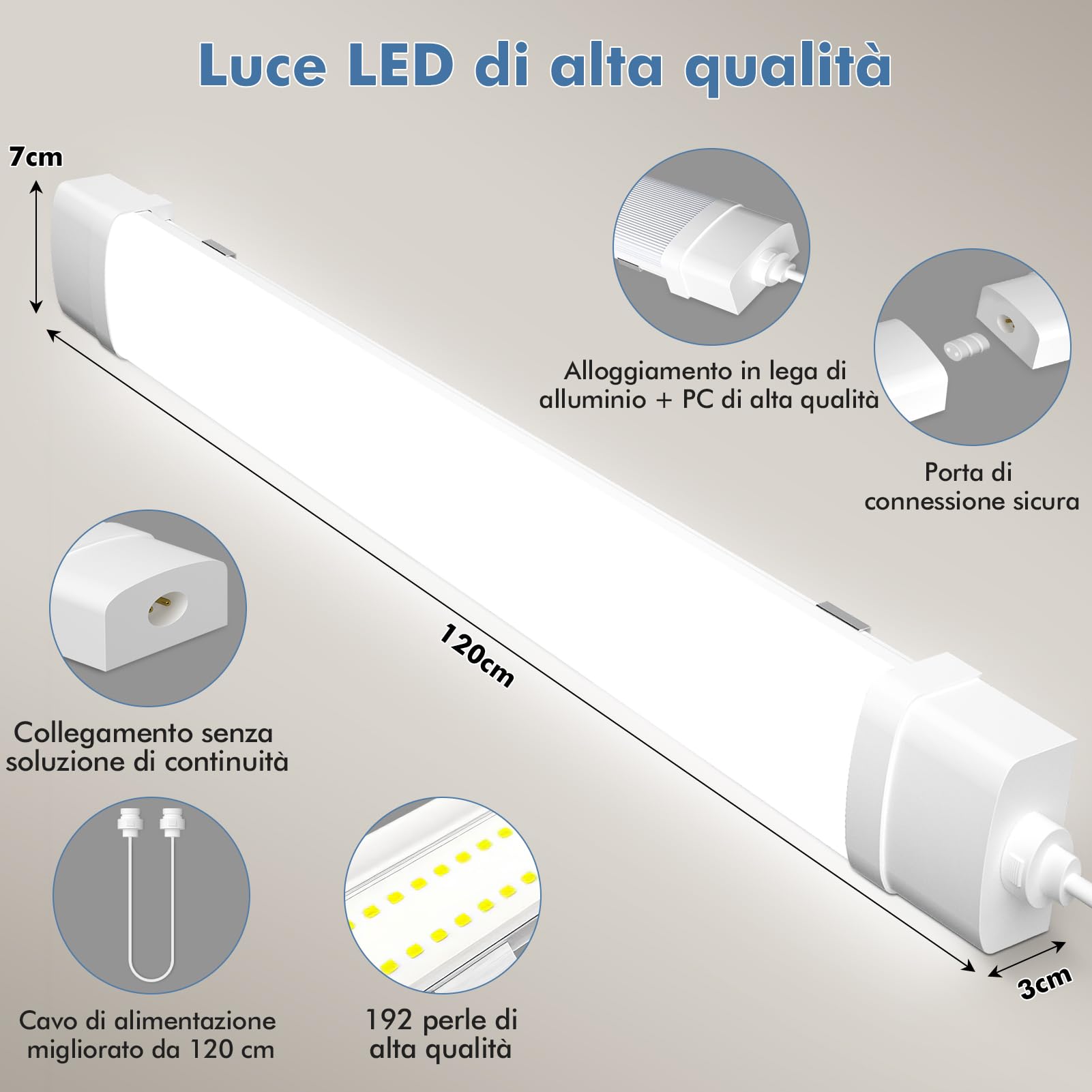 Neon LED 120CM Collegabili Plafoniera 40W 4000LM Barra Tubo, 4500K Impermeabile IP65 Lampada per Garage Cucina Officina Ufficio Bagno Seminterrato Giardino Magazzino