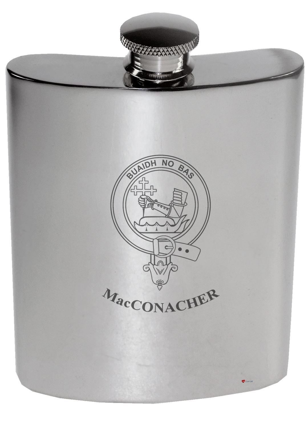 Flasque en étain MacConacher de 6 oz au fini poli et crête de famille gravée