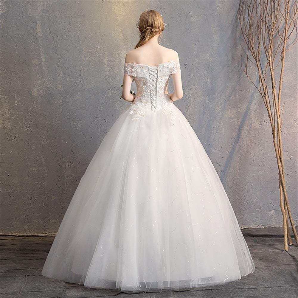 Abito da Sposa Donne Abiti da Sposa Corte di Lusso Word Spalla Pizzo Slim Slimming Abito da Sposa Abito da Sposa, Bianco, l