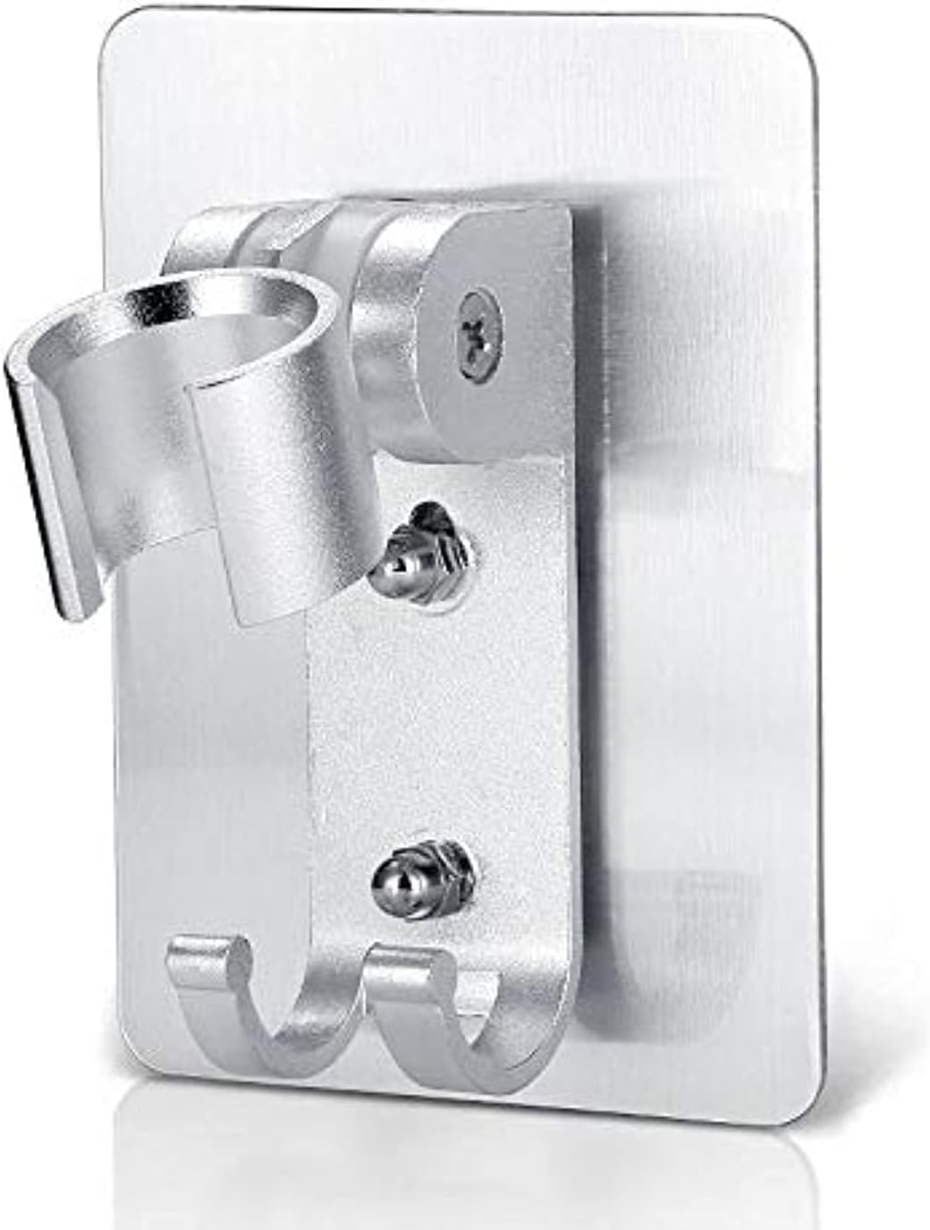 Adjustable shower head holder wall mount bracket with 2 hanger Hooks, Aluminum,Super Heavy Duty, strong adhesive for Bathroom,No-Damage Hanging Strips, Space Aluminum