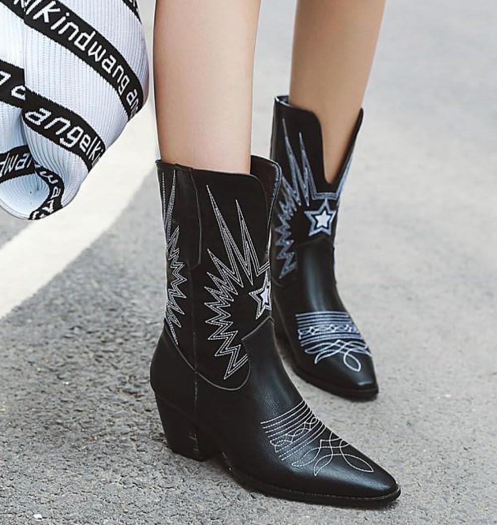 Stivaletti da Cowgirl Occidentali Donna, Stivali Country Casual in Pelle con Punta Tagliata Ricamata retrò, Stivaletti Classici Comodi con Tacco Basso e cuciti,Nero,46 EU