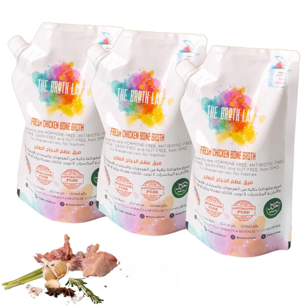 The Broth LabChicken Bone Broth Bundle 3 x 500ml All Natural Free Range Antibiotic Hormone Free Simmered 12 Hours with Fresh Herbs No Additives No Sugar 10g Protein per Pouch