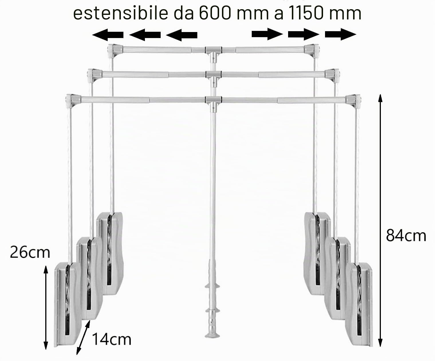 Gedotec Wardrobelift - Ascensore regolabile, 1 asta appendiabiti pieghevole, colore: argento cromato, larghezza regolabile, 930 – 1250 mm