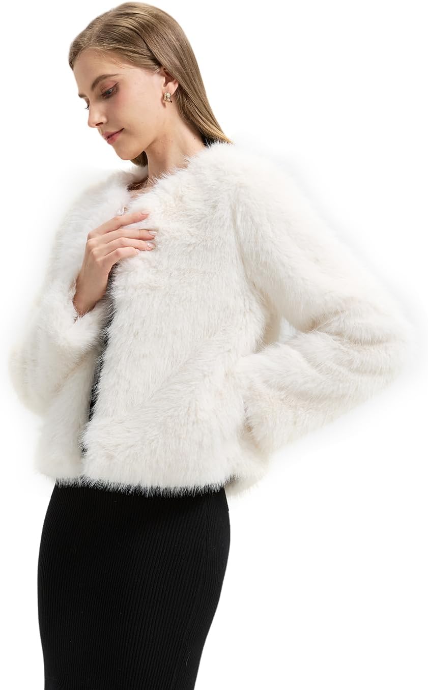 GRAN ORIENTE Faux Fur Coat For Women, Fuzzy Fluffy Winter Warm Cropped Outerwear With Pockets - Image 4