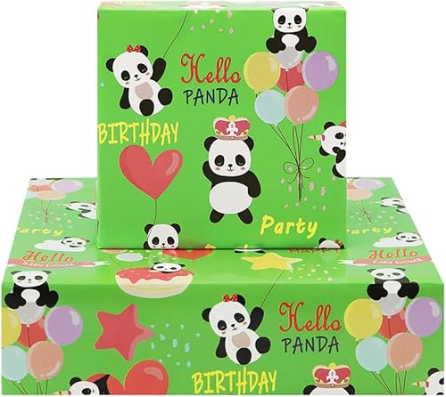 Juego de 6 hojas de papel de regalo de panda de feliz cumpleaños, plegado plano de 20 x 28 pulgadas por hoja para niños, niñas, niños y mujeres,