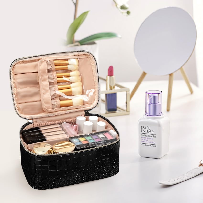Miniatura 7 de OCHEAL Bolsa de maquillaje, bolsa de cosméticos portátil, organizador de maquillaje de viaje de gran capacidad, bolsas de maquillaje negras para
