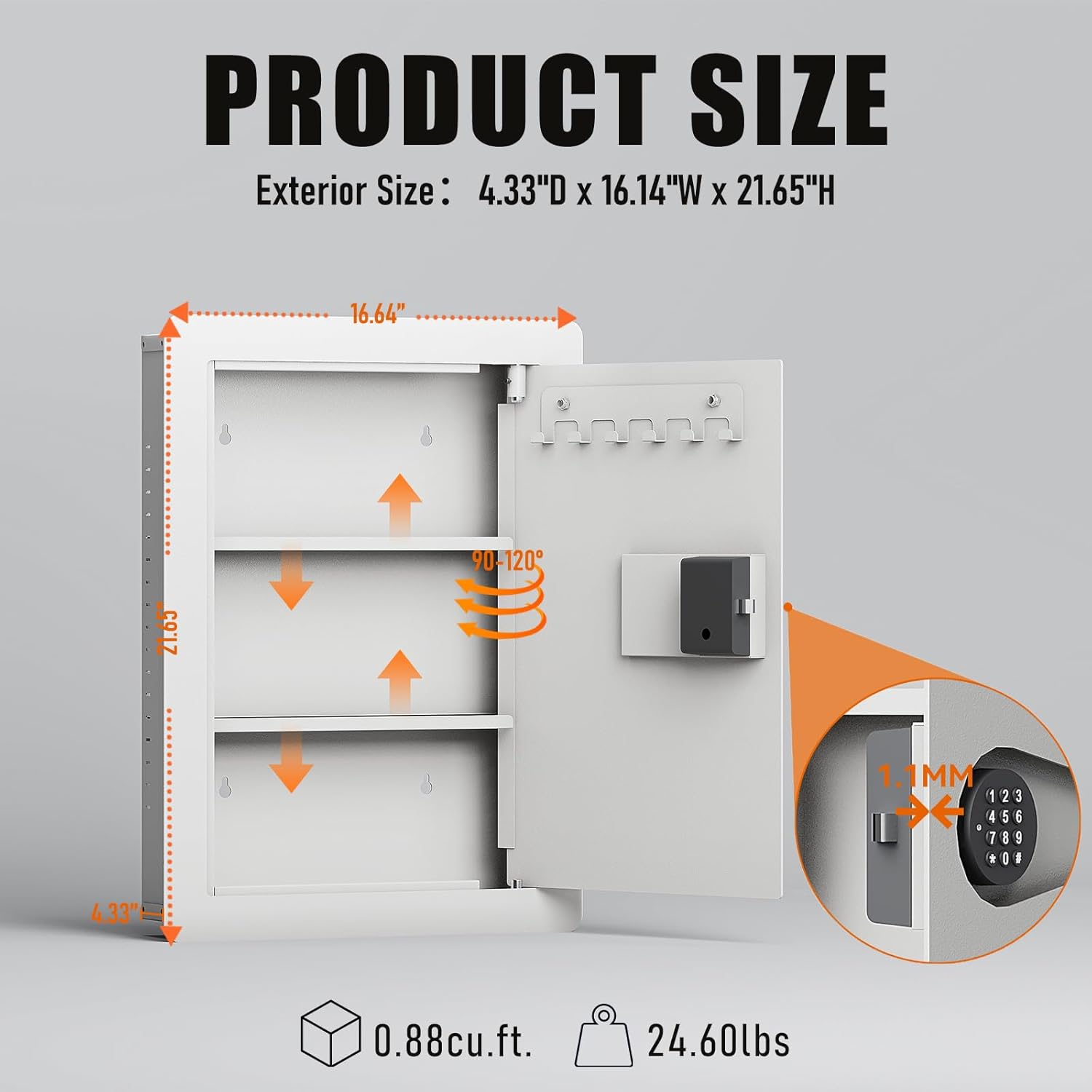 TOPKEY Quick Access Hidden Wall Safe with Removable Shelf & Hooks, In-Wall Safe Between Studs with Keypad & USB Key Access for Handguns, Cash, Documents, Passports and Valuables (White)