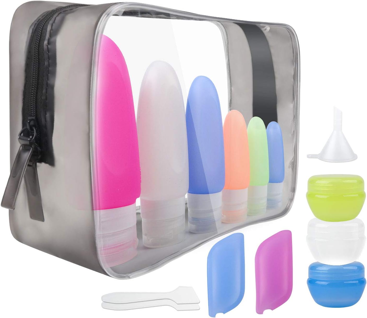 Travel Bottles TSA Approved Containers, 14PCS Silicone Leakproof Refillable Squeezable Toiletry Set 3oz/2oz with Bag Jars for Shampoo Cosmetics Lotion Conditioner Shower Gel Face Hand Cream Soap