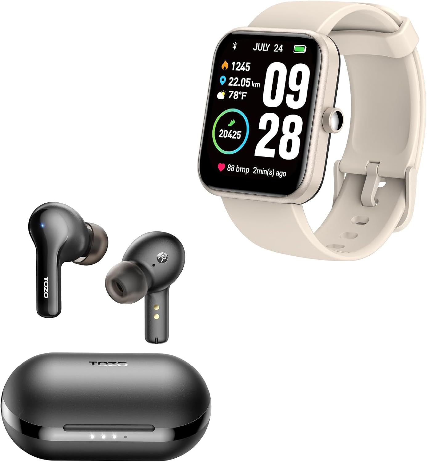 TOZO A2 Mini Wireless Earbuds Bluetooth 5.3 Black S2 44mm Smart Watch Champagne