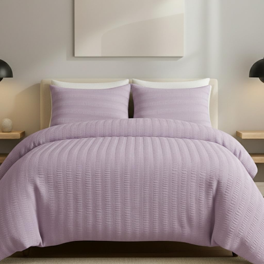 AHS - King Lilac Seersucker Duvet Set Cover With Pillow Case - Multiple Sizes - Complete Bedding Set - Ultra Soft Brushed Microfiber - EasyCare & Machine Washable — image 1