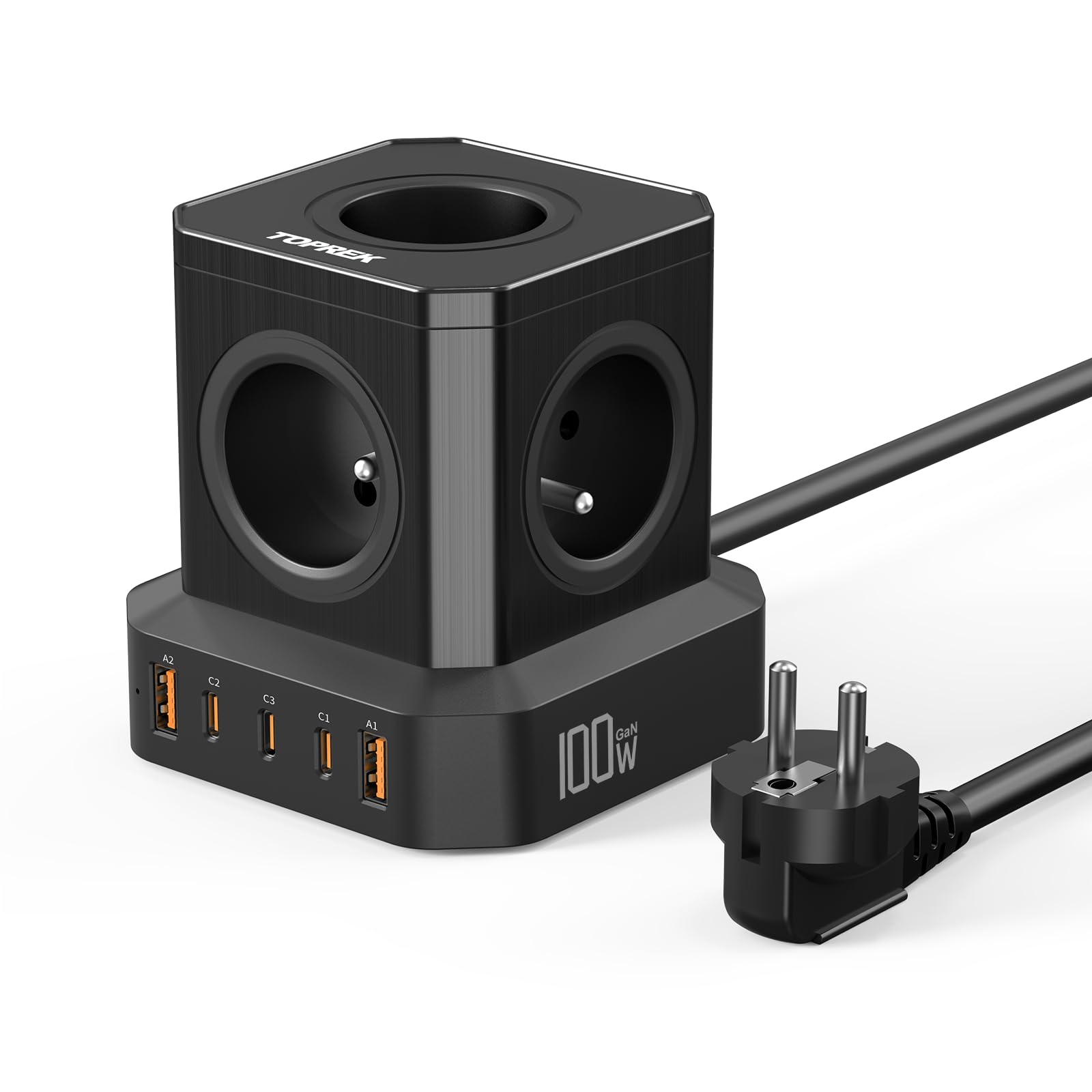 TOPREK Regleta Enchufe de 100W PD3.0 USB-C en Forma de Cubo, Cable alargador de 5 vías (16A/4000W) con Enchufe múltiple y Seguridad para niños, Cable alargador de 2m, Torre de alimentación FR