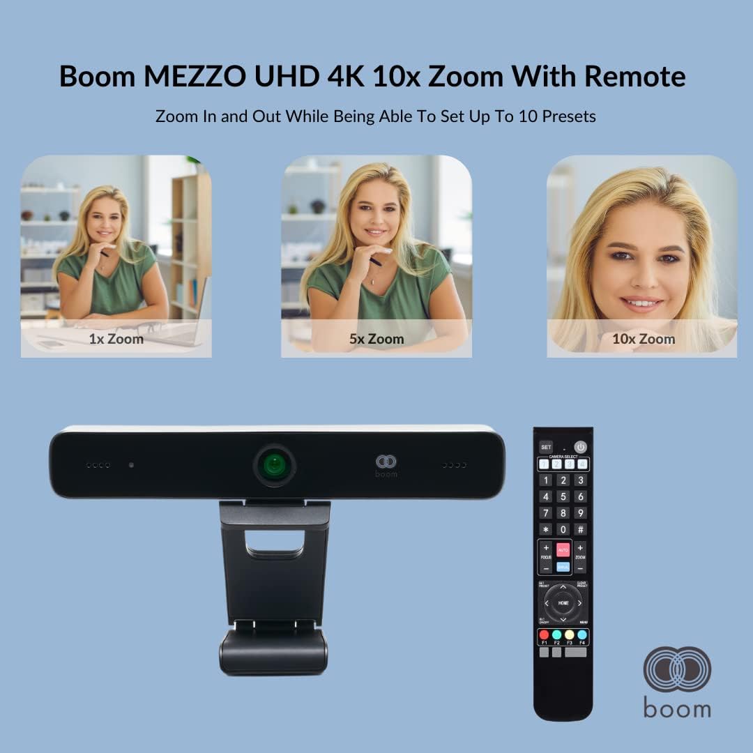 Boom Mezzo 4K AI Auto-Framing Conference Camera, 115° Ultra Wide ePTZ Video Bar with Dual Mics, USB 3.0 Plug-and-Play, Zoom Certified Huddle Room Webcam for Teams/Meet/Zoom