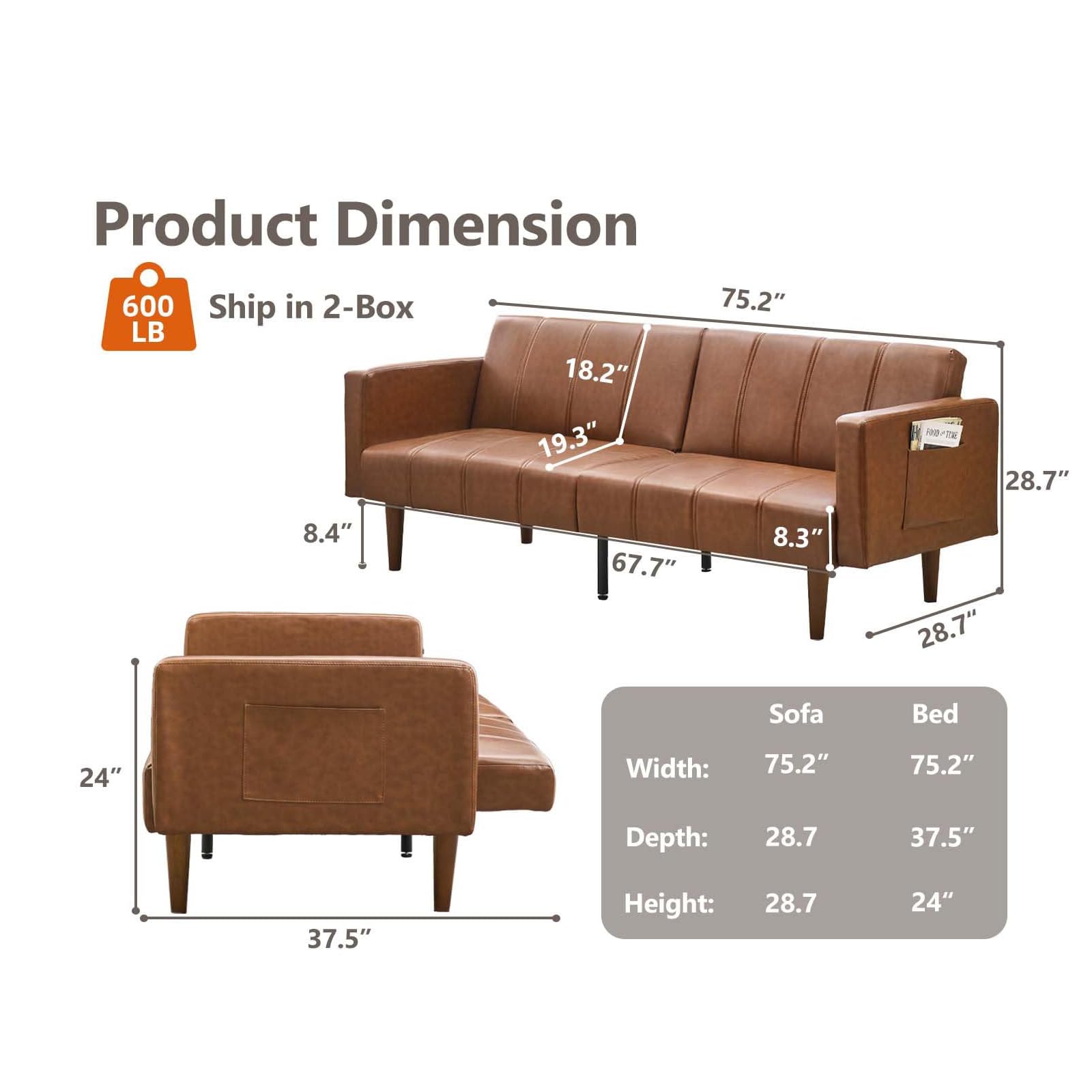Convertible PU Leather Futon Sofa Bed – 75" Sleeper Couch with Adjustable Backrest, Mid-Century Modern Loveseat, Space-Saving Recliner, Side Pockets, Easy Assembly, Living Room or Guest Room