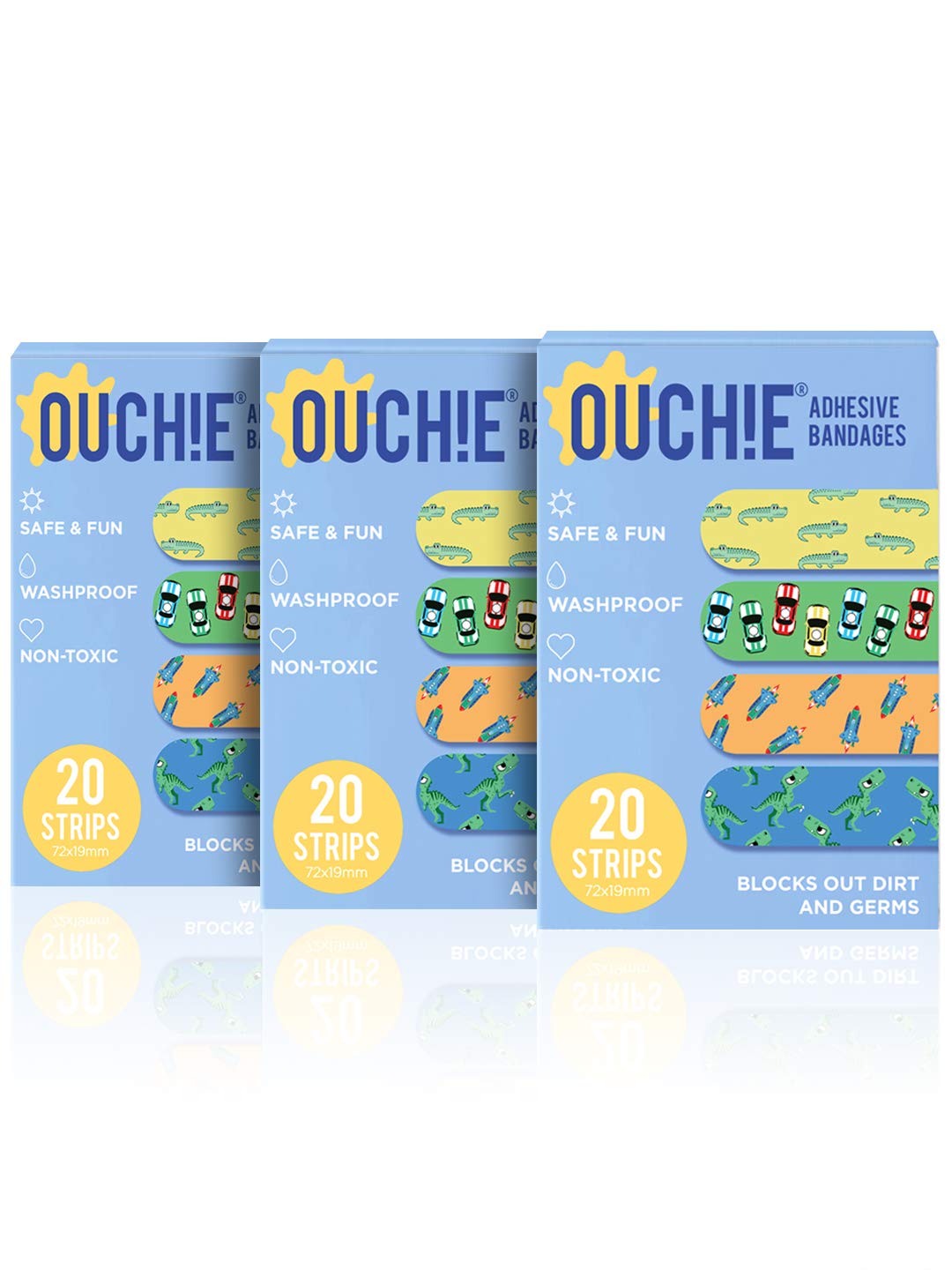 Ouchie Non-Toxic Printed Bandages Combo Set Of 3 (3 X 20= 60 Pack)- (Blue)