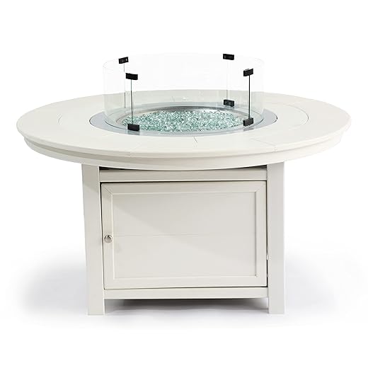 25"(H) x 48"(W) Round Poly FirePit Table in White with Glass Flame-Wind Guard Set