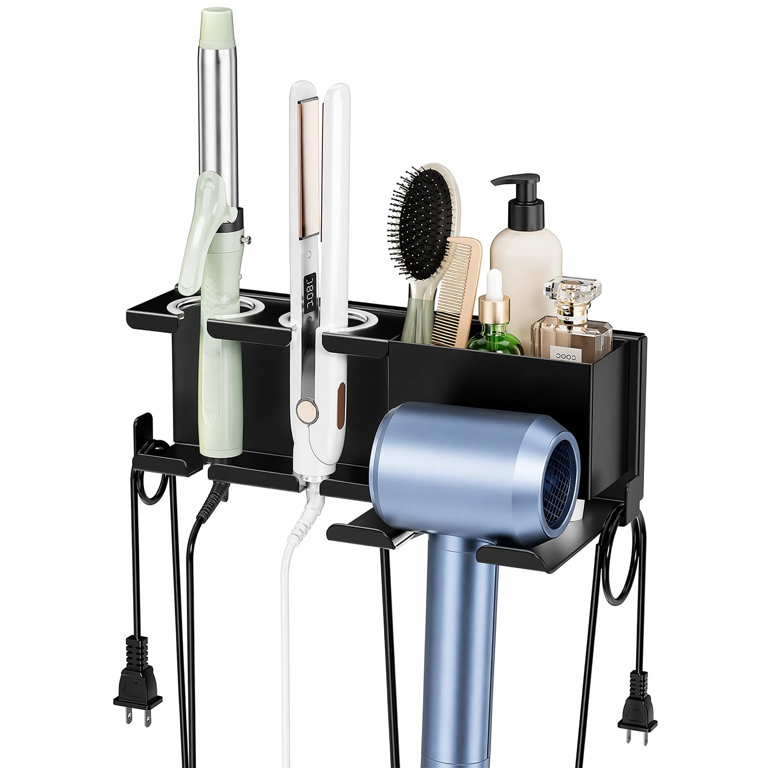 Xtrillogen Hair Dryer Holder Wall Mounted,Hairdryer Holder Wall Mounted with Plug Hook,Bathroom Hair Dryer and Straightener Holder,Hairdryer and Straightener Stand,Tool Accessories Organiser(Black)