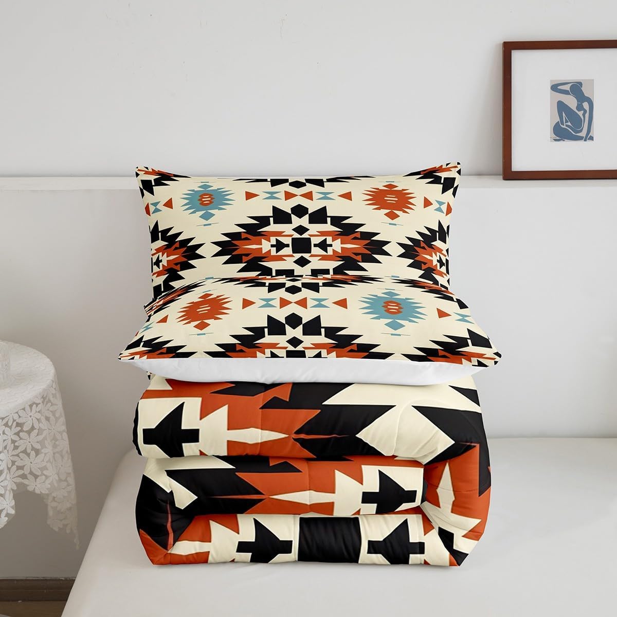 Feelyou Orange Southwestern Bedding Set Full Size Geometric Comforter Set Tribal Native American Indian Design Comforter Teens Decor Exotic Style Stripe Line Duvet Set