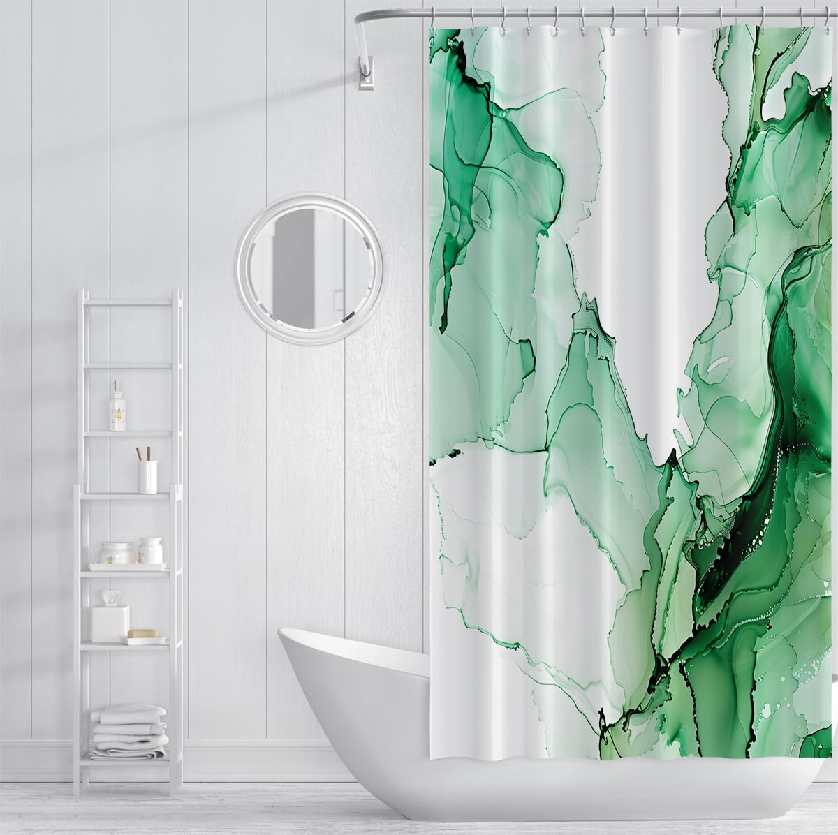 Rideau de Douche Salle de Bain marbre Aquarelle Vert W220xL180 cm | Rideau de baignoire marbre frais, tissu imperméable avec crochets, lavable en machine, séchage rapide