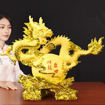 21.6 INCH Chinese Feng Shui Dragon Statue Sculpture Figurines Feng Shui Decor Home Office Desktop Decoration Good Lucky Gifts, Gold