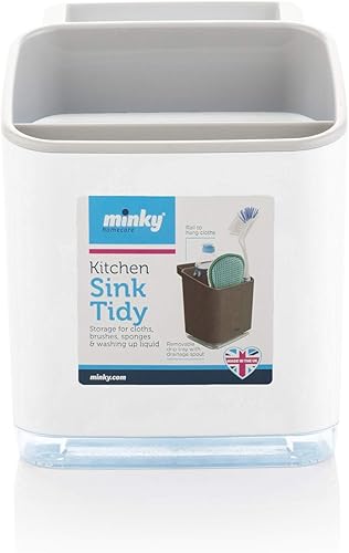 Miniatura 6 de Minky Homecare Organizador de esponja para fregadero con bandeja extraíble, riel para paños y boquilla de drenaje, organizador de huellas pequeñas