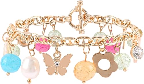 Pulsera colorida con dijes para mujeres y niñas, pulsera de cadena dorada con bonitas cuentas redondas de flores de mariposa, dije de cara
