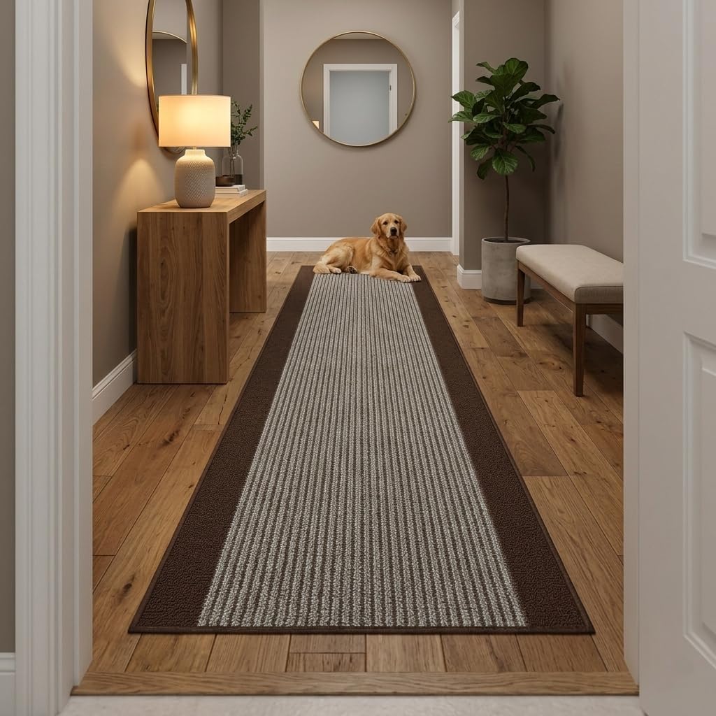 4 ft Kitchen Rug Runner Non Slip, Washable Brown Striped Laundry Room Mat, Rubber Backed Medium Profile Carpet for Sink Area (26 Inch x 4 ft)