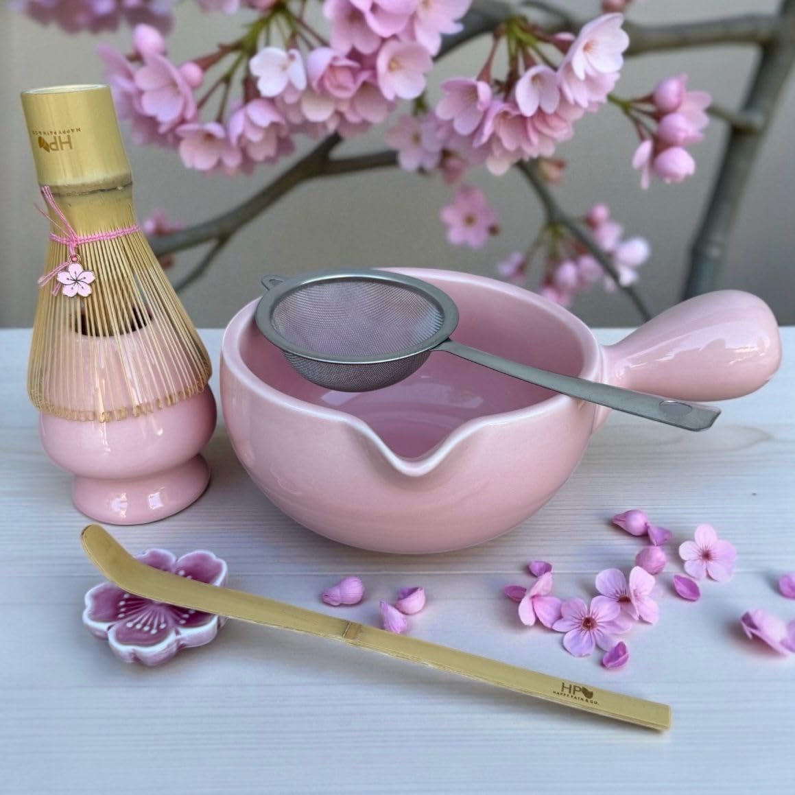 HAPPY PATH & CO Patented Matcha Bowl Set with Handle & Spout - Spill-Free Pouring | Complete Matcha Set for Beginners | Includes Bamboo Whisk, Scoop & Stand (Pink Blossom - Soft Pink)