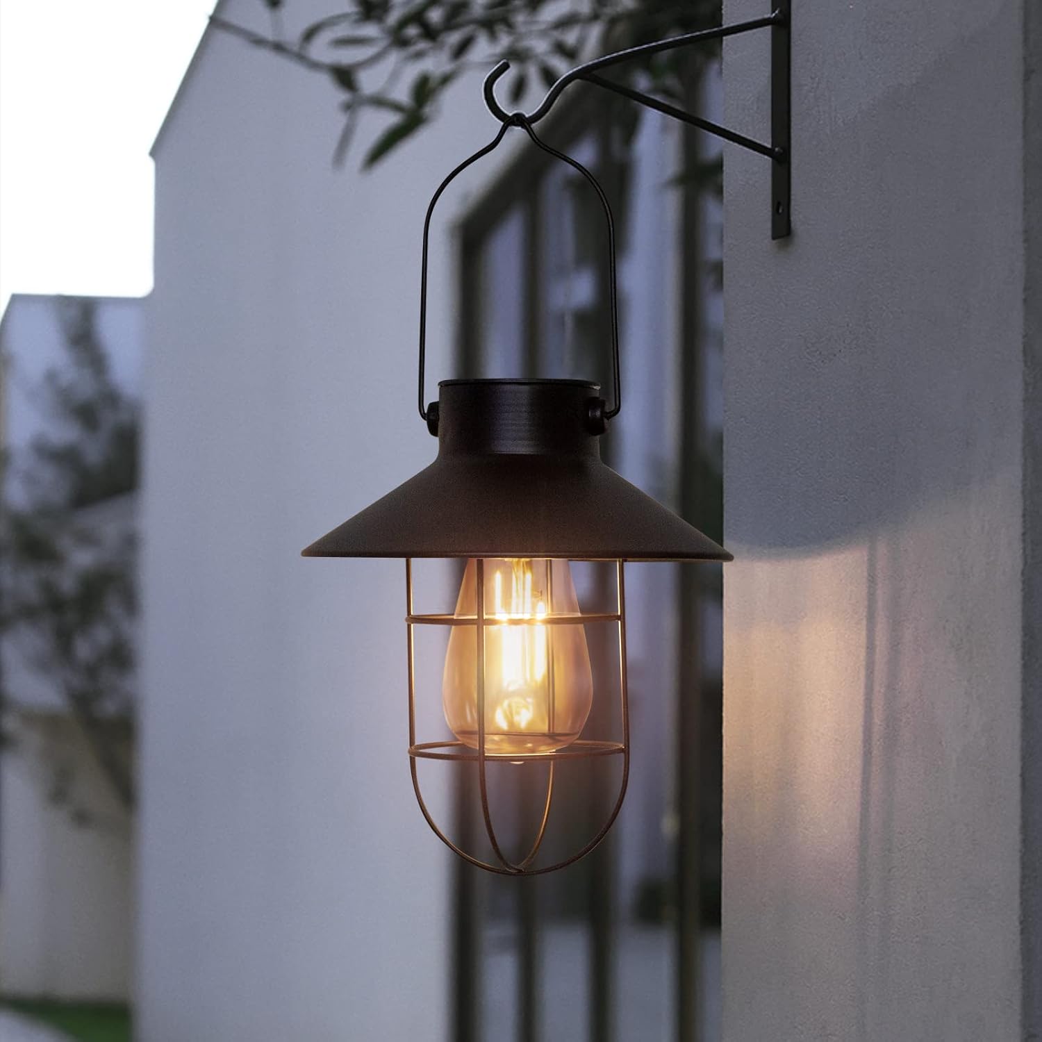 pearlstar Photo voltaic Lanterns Outside Metallic Photo voltaic Powered Hanging Lights Waterproof for Wall Yard Backyard Patio Storage Balcony Porch Fence Decor, Heat White Edison Bulb,with Wall Mount Package（Black-1pack）