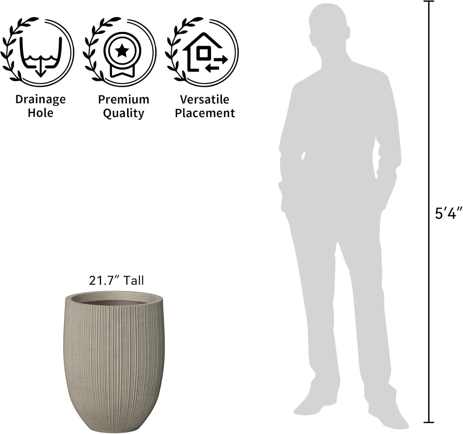 Kante Round Fluted Concrete Planter, 16.9-Inch Dia Barrel-Style Pot with Drainage Hole, Weathered Finish with Painted Interior, 13.7" Opening, for Indoor and Outdoor Use - Image 7
