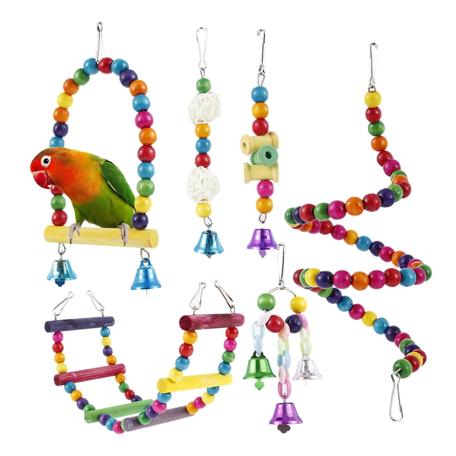 Vogelspielzeug 6 stücke Papageispielwaren Bunte Schwingkäfig Spielzeug Hölzern Hängende Vogel Swing Glocken Seilstring Kleine Schwingring Budgie Vogel Kaustätte Set