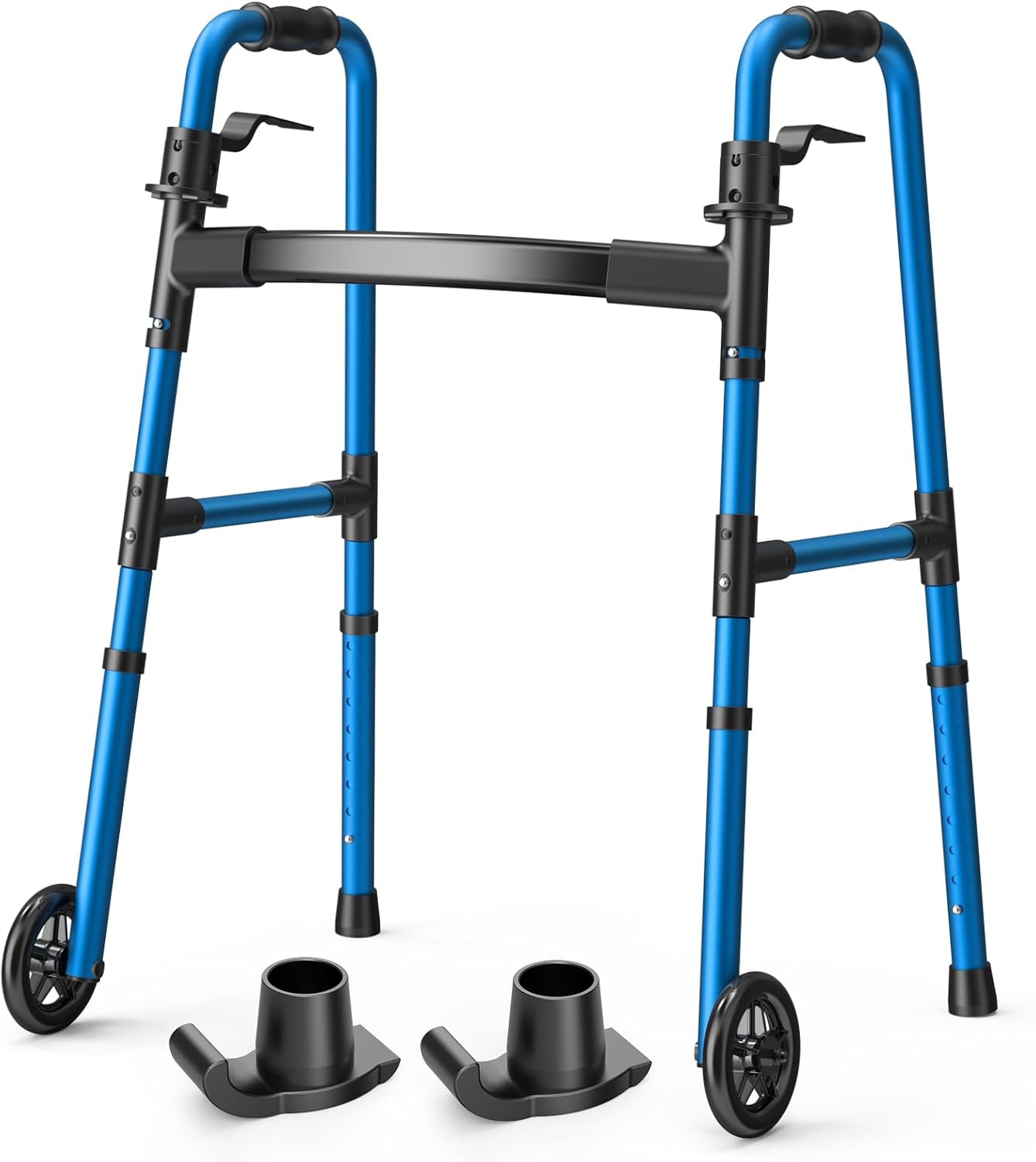 Folding Walker with 2 Skis and 5" Wheels, Lightweight Walkers for Seniors and Adults, Supports Up to 350 Pounds, Adjustable Height, Compact Standard Walker, Blue Blue Walker With Skis