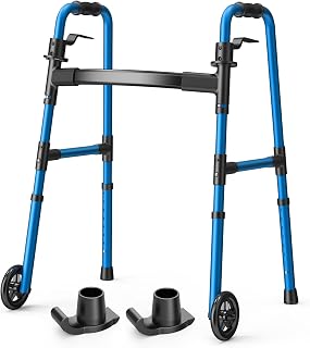 Loyoda Folding Walker with 5" Wheels & 2 Skis for Seniors - Lightweight 350lb Capacity, Adjustable Height 32-38", Blue