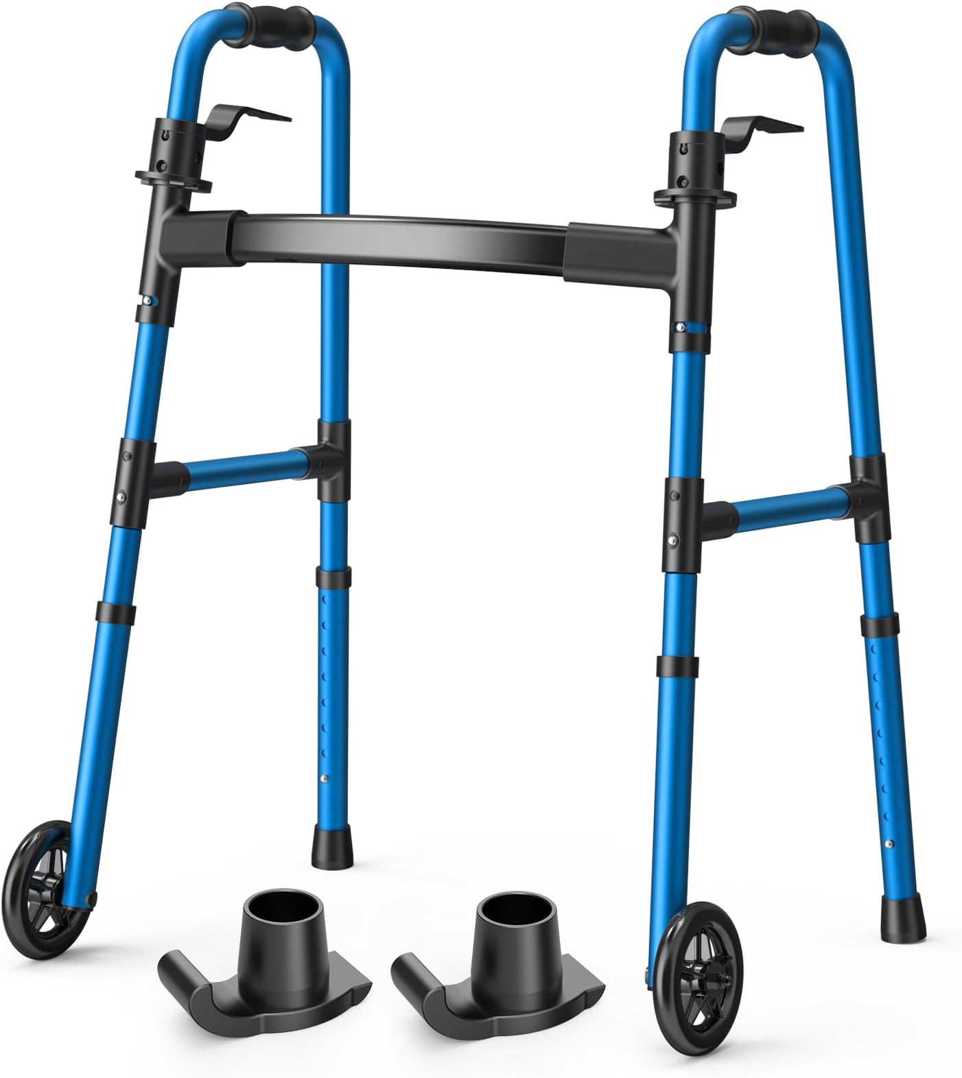 Loyoda Folding Walker with 2 Skis and 5" Wheels, Lightweight Walkers for Seniors and Adults, Supports Up to 350 Pounds, Adjustable Height, Compact Standard Walker, Blue