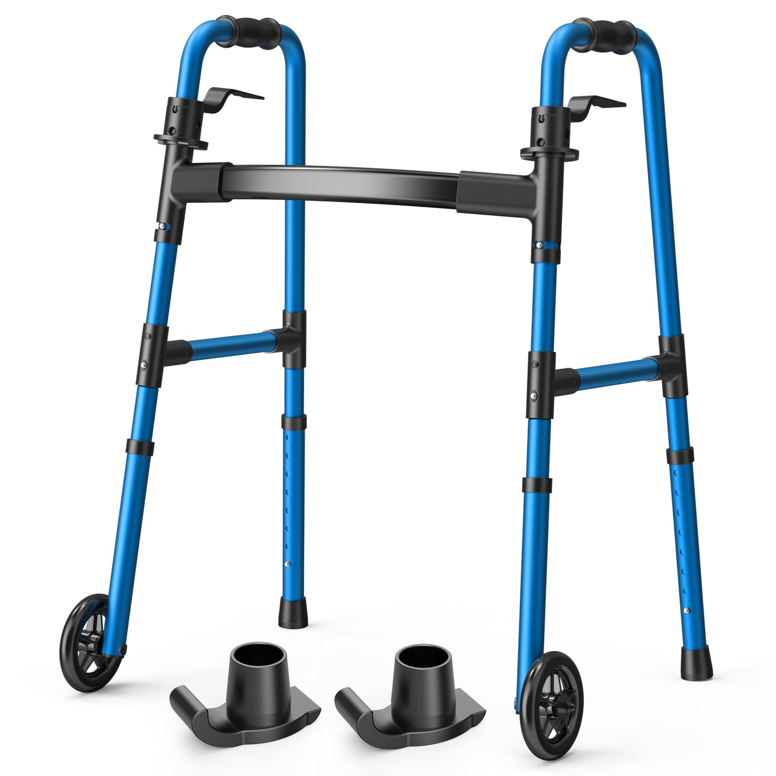 Folding Walker with 2 Skis and 5" Wheels, Lightweight Walkers for Seniors and Adults, Supports Up to 350 Pounds, Adjustable Height, Compact Standard Walker, Blue