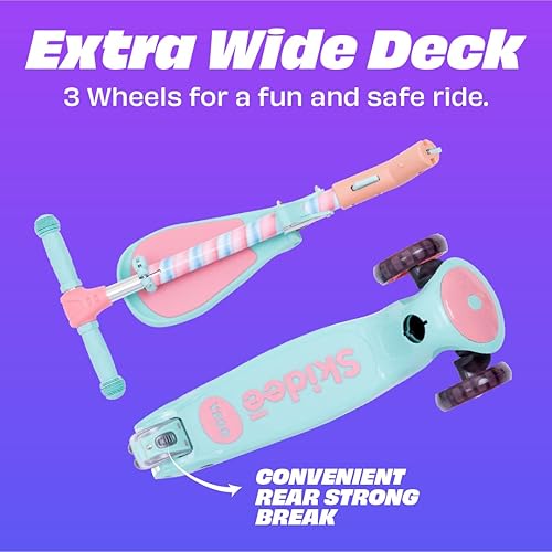 Vista 4 de SKIDEE Kick Scooters for Kids Ages 3-5, Adjustable Height Foldable Scooter with Removable Seat, 3 LED Light Wheels, Rear Brake, Wide Standing Board