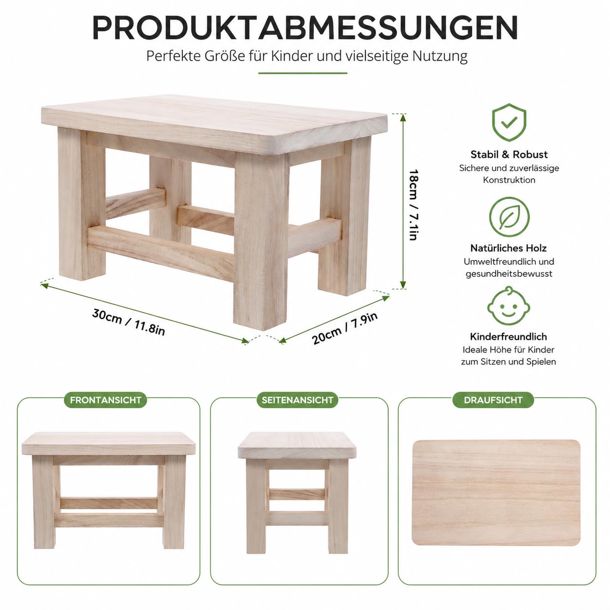 UKCOCO Holzhocker Massivholz 30×20×18 cm – Stabiler Tritthocker für Kinder & Erwachsene zum Händewaschen, Zähneputzen & Schuhwechsel – für Bad, Küche, Flur & als Blumenhocker | Für Bad & Küche, ideal für Kinder zum Zähneputzen, praktisch beim Schuhwechsel