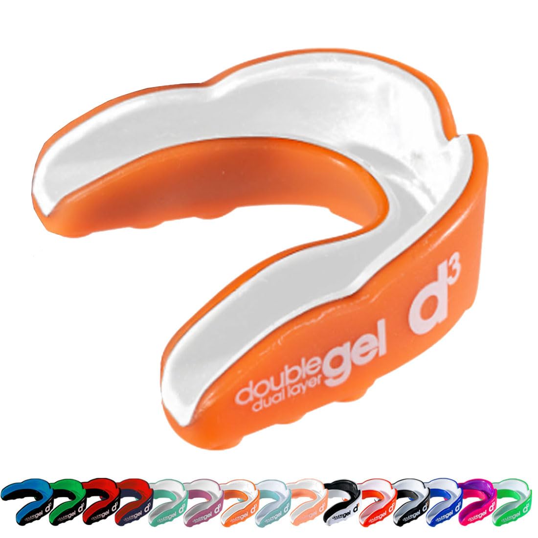 d3 Double Gel Mouthguard wth Case, Adults and Junior Gum Shield for Boxing, MMA, Contact Sports, Rugby, Martial Arts, Judo, Karate, Hockey (Orange/White, Adult (12+))