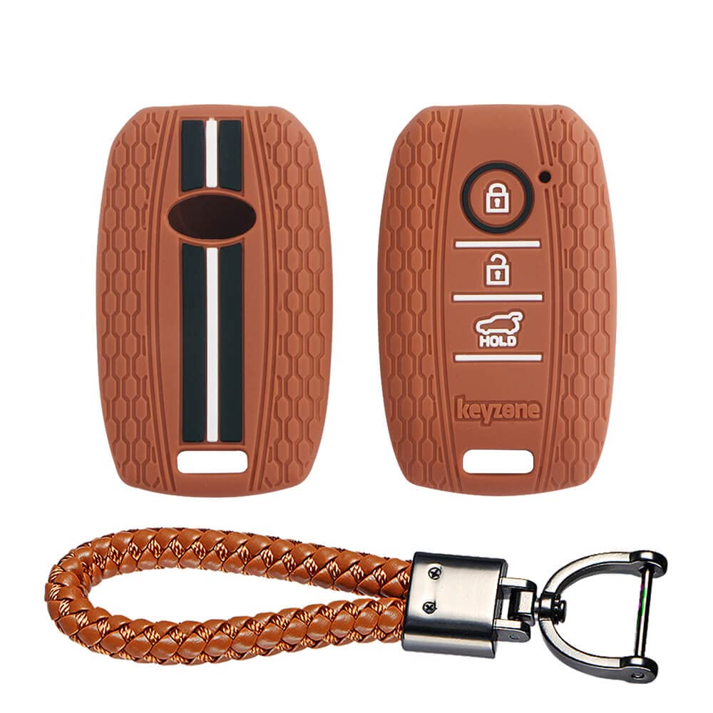 Keyzone® Striped Key Cover and Keyring Compatible for Kia Seltos 3 Button smart Key (Brown with Brown Leather Thread Keyring)