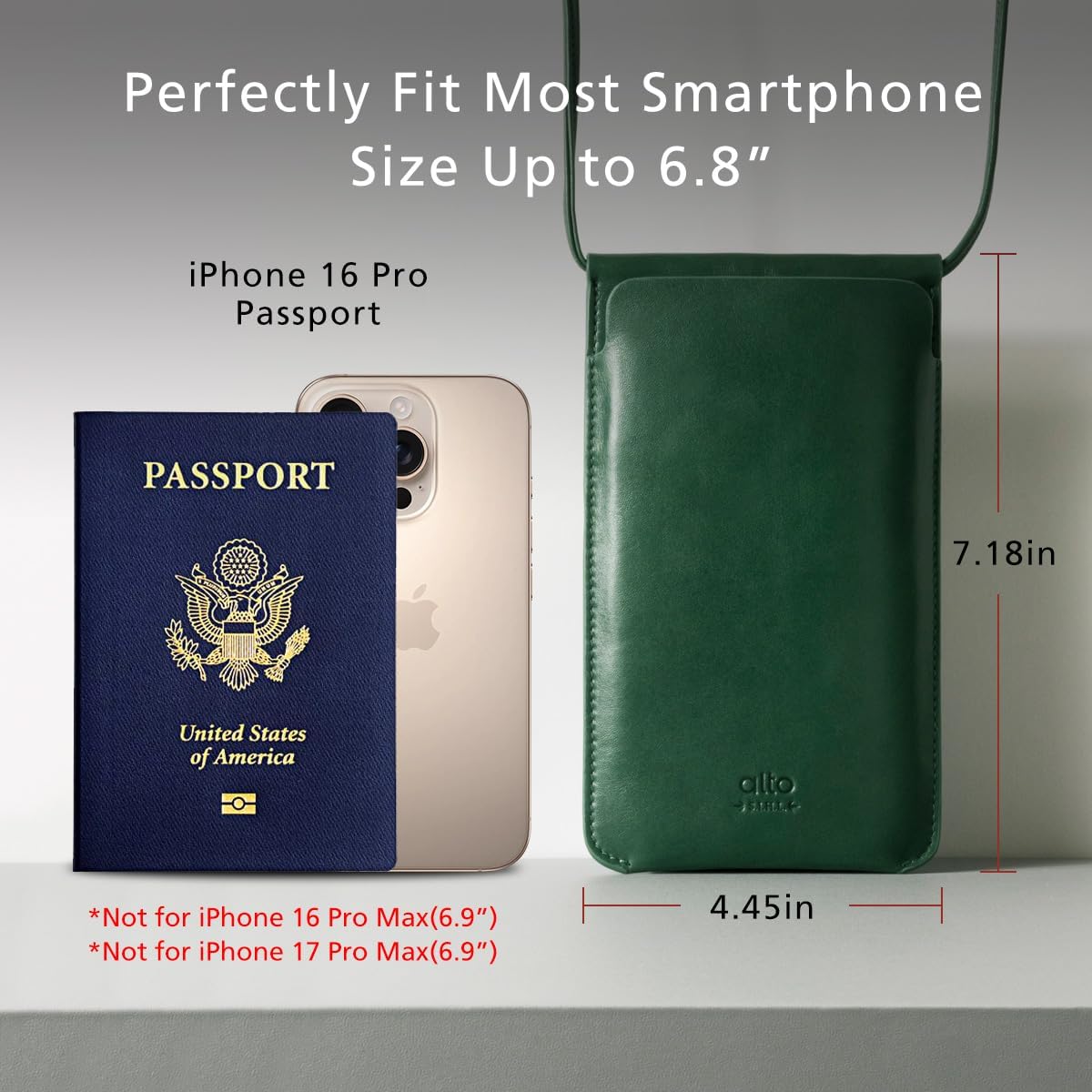 alto Leather Phone Purse Case, Italian Leather Crossbody Cellphone Bag with Card Holder, Pocket, Shoulder Strap, for Men and Women, fits iPhones and Android Phones up to 6.8 inches (Forest Green) - Image 6