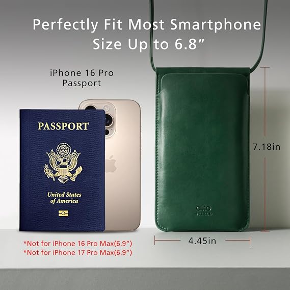 alto Leather Phone Purse Case, Italian Leather Crossbody Cellphone Bag with Card Holder, Pocket, Shoulder Strap, for Men and Women, fits iPhones and Android Phones up to 6.8 inches (Cement Gray)