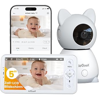 ieGeek 2K Baby Monitor 5 Inch WiFi Night Vision, App, PTZ, Motion Detection | Automatic tracking/intercom function/wine detec