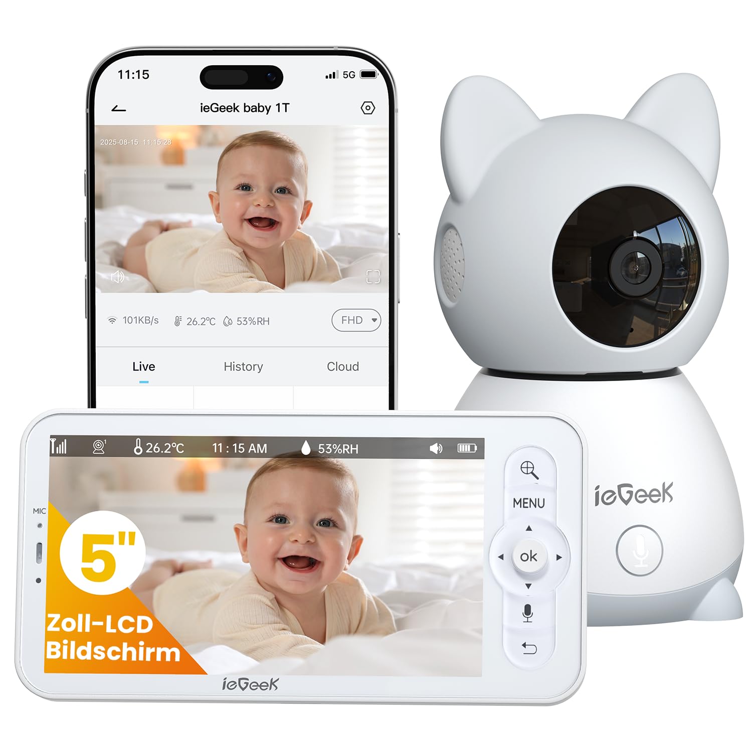 ieGeek 2K-Babyphone mit Kamera und Nachtsicht, 5-Zoll-WLAN-Video-Babyfon, Gegensprechfunktion, Schrei-/Bewegungserkennung, Temperaturerkennung, PTZ, Mobile App