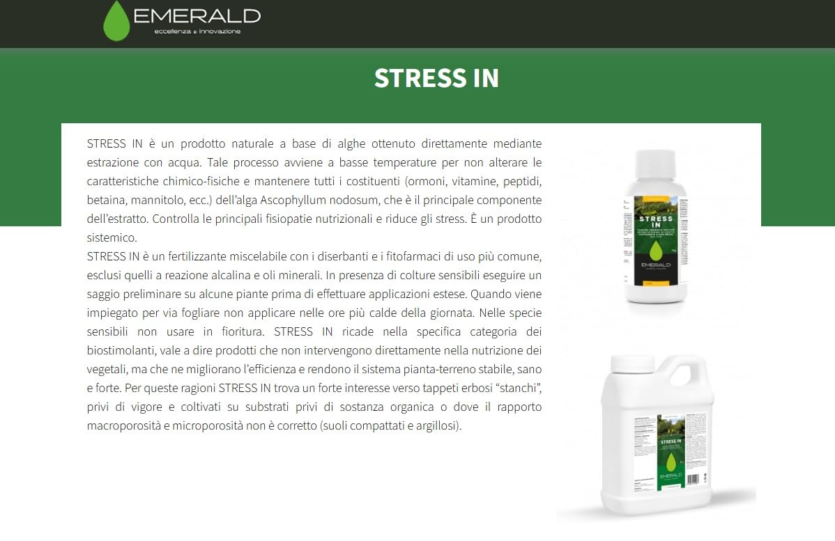 EMERALD STRESS IN, Concime Organico Liquido con Alghe Brune, Biostimolante Naturale, Estratto Fluido di Lievito, Nutrizione e Stimolo della Crescita per Piante e Tappeti Erbosi (1 Kg)