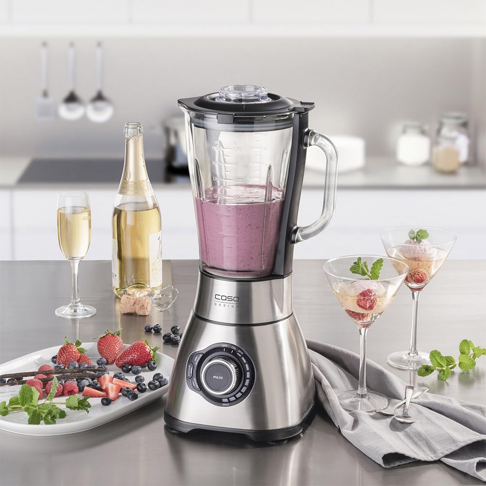 CASO B 1800 PowerBlender zestaw – mikser stojący, 28 000 obr./min, szklany pojemnik 1,75 l, w zestawie butelka na napoje i rozdrabniacz, zwycięzca testu miksera z bardzo dobrą stal nierdzewna