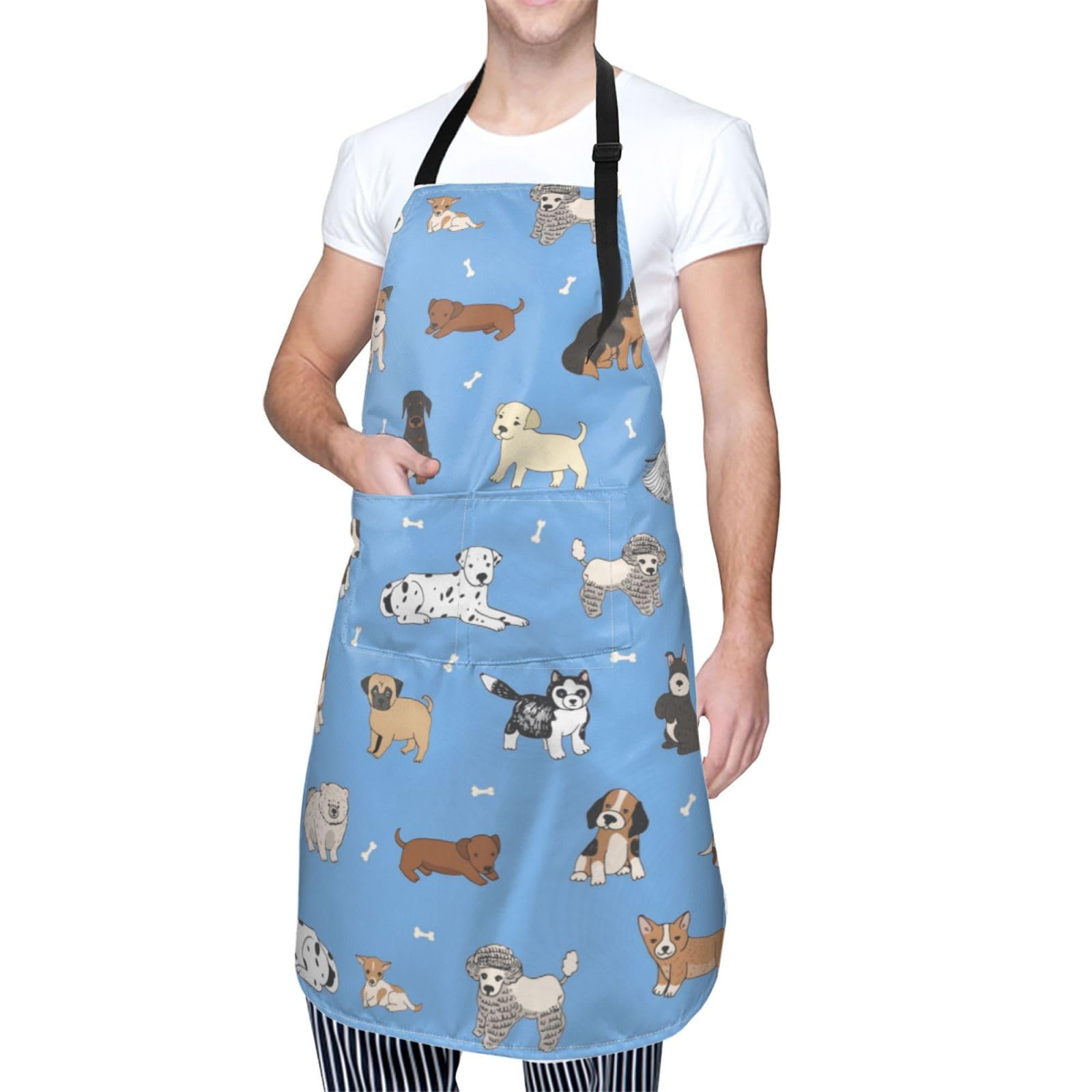 Perinsto Dogs Blue Waterproof Apron With 2 Pockets Kitchen Chef Aprons Bibs For Cooking Baking Painting Gardening Grooming