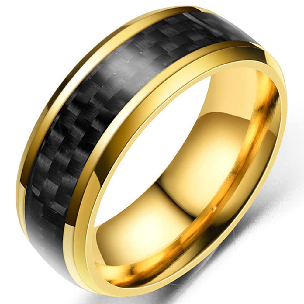 AONEW8mm Gold Stainless Steel Ring Engagement Wedding Band for Men Black Carbon Fiber Inlay Beveled Edges Comfort Fit Size 6-13