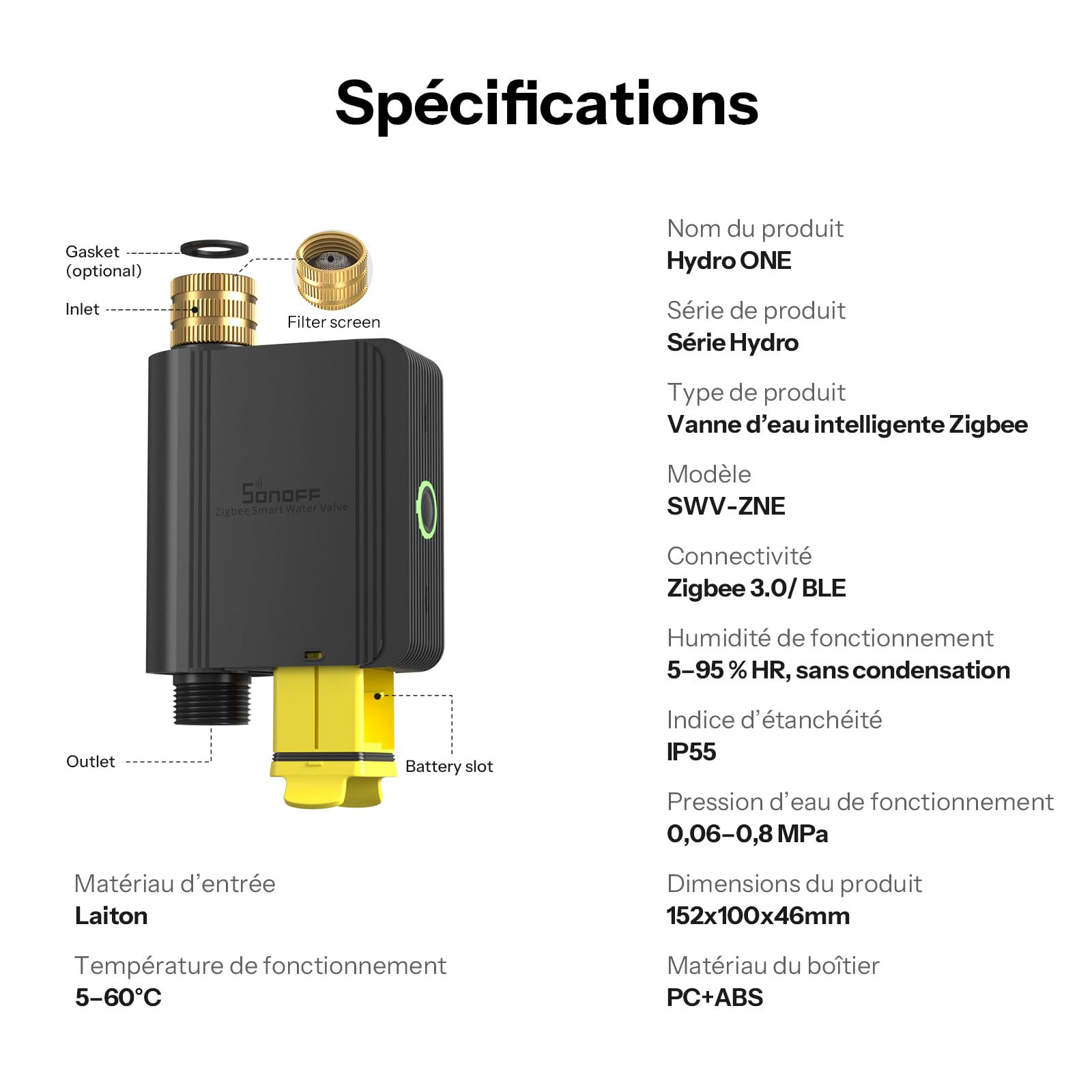 SONOFF SWV-ZNE Hydro ONE Lite Zigbee Minuterie d'arrosage intelligente, entrée en laiton, minuterie d'irrigation à programmation adaptée aux conditions météorologiques pour jardin et pelouse