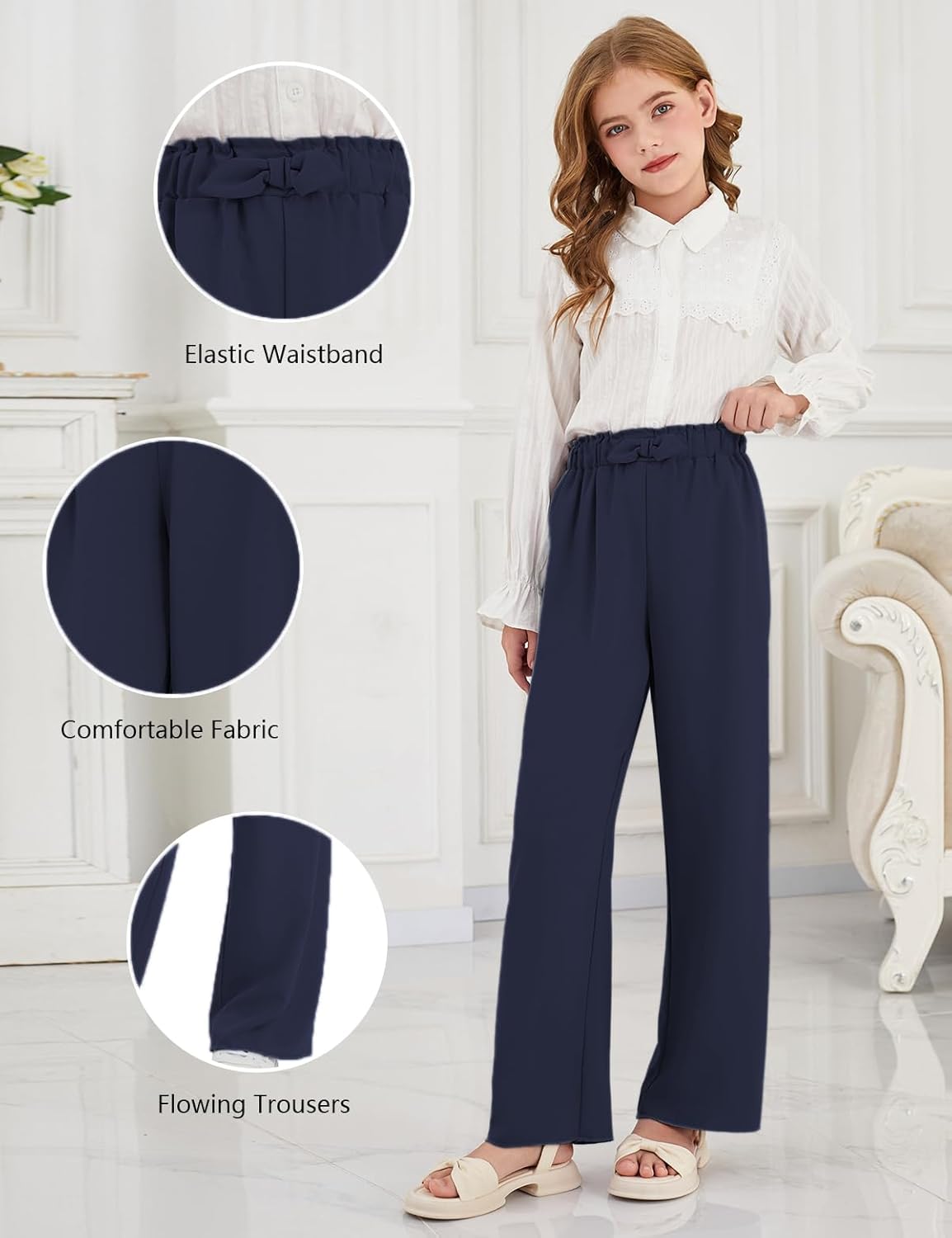 Girls Wide Leg Palazzo Pant Loose Straight Cute Bow Waist Spring Summer Lightweight Dress Pant for Kids 5-14Y - Image 4