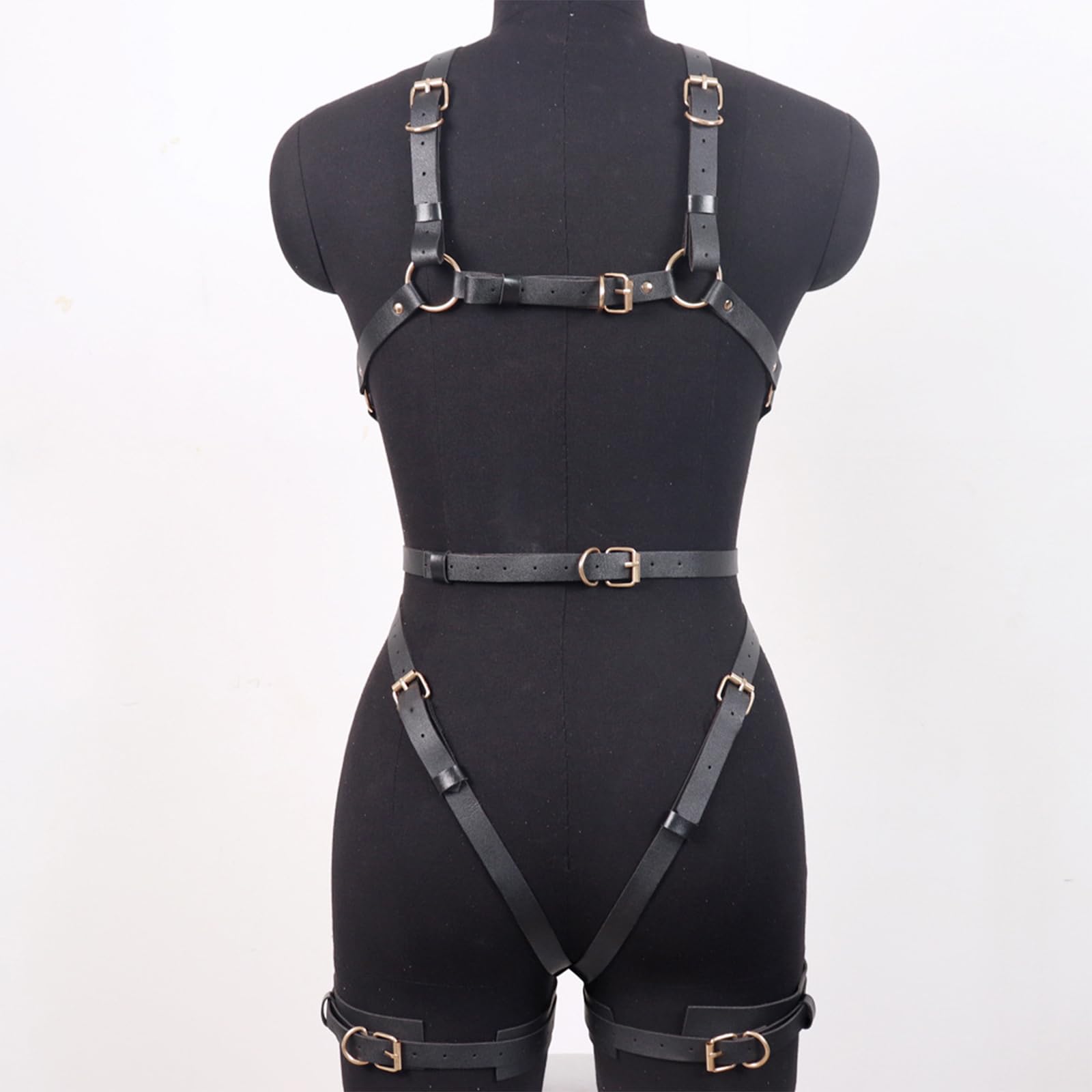 BDSMYOU Harnais Femme Cuir Lingerie Sangle Body avec Menottes,Fétiche Lingerie Ensemble de Fesseln,Vêtements Gothiques (Noir)