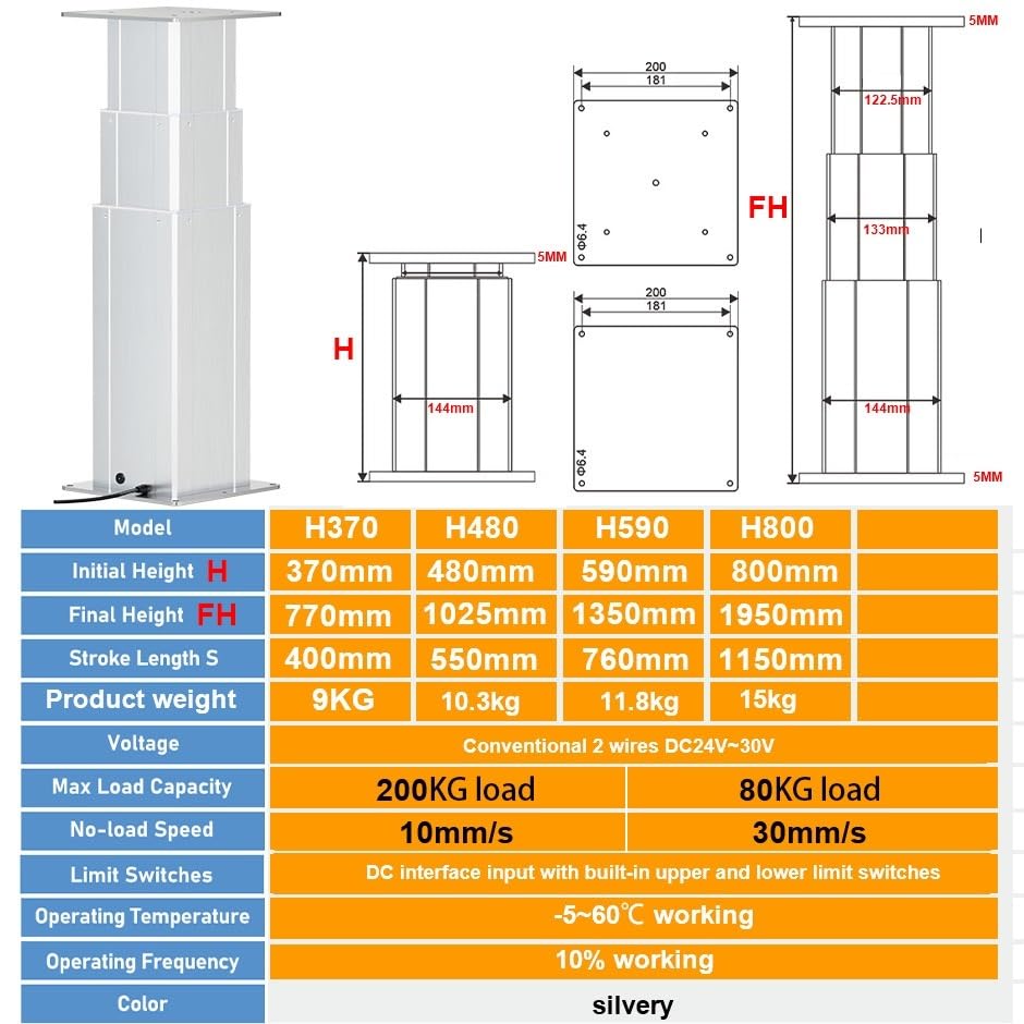 DHLCE-S Elektryczna kolumna podnośnikowa do podnoszenia 200 kg Zdalnie sterowana platforma podnosząca 10 mm/s Obsługa, stoły widłowe, dźwig (Silvery-80KG 30MMS,H800-1150mm)